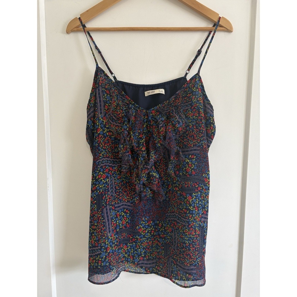 Old Navy Floral Ruffle Cami Tank Top Chiffon Patchwork Boho Navy Blue L Large